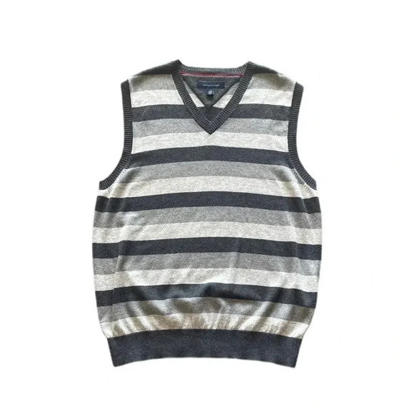Tommy Hilfiger Wool Blend Gray White Striped Sweater Vest Men’s Large - Picture 1 of 8